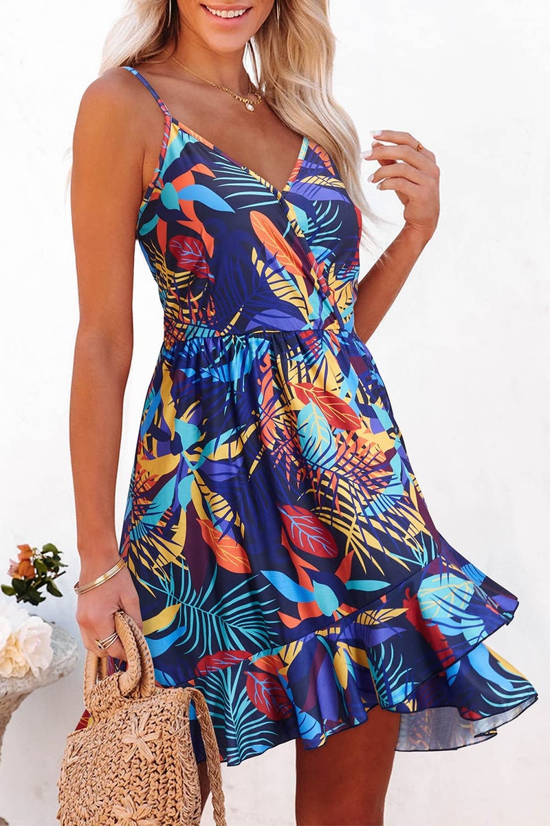 ULTRANICE Women's Summer Beach Dresses Casual Sundress Spring Trendy Floral Flowy Faux Wrap Midi Beach Vacation Outfits Clothes V-Neck Spaghetti Strap Dress(Blue Multicolored Floral,S) - Image 4